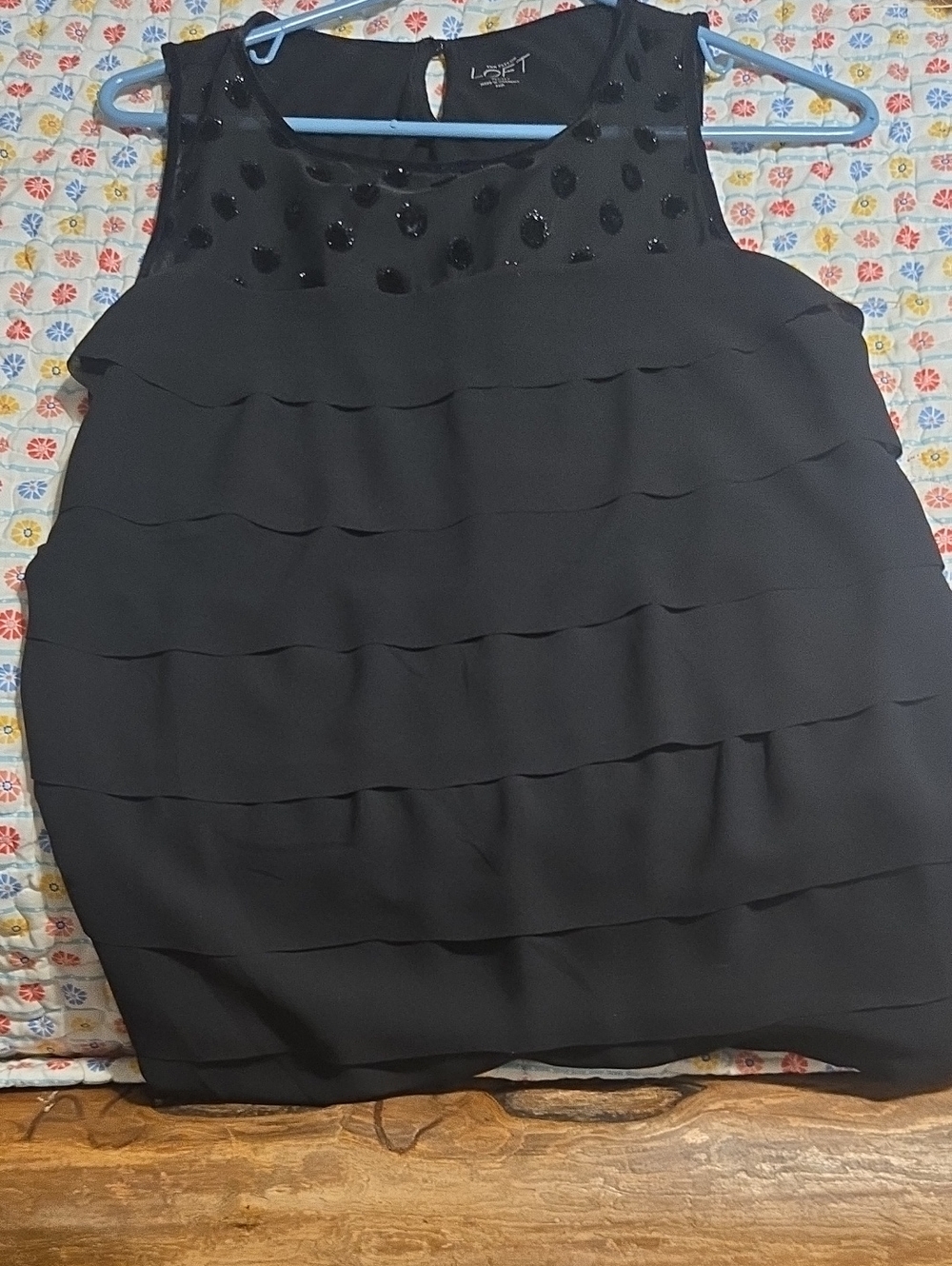 LOFT Black Sleeveless Ruffle Shell with Sequin Yoke